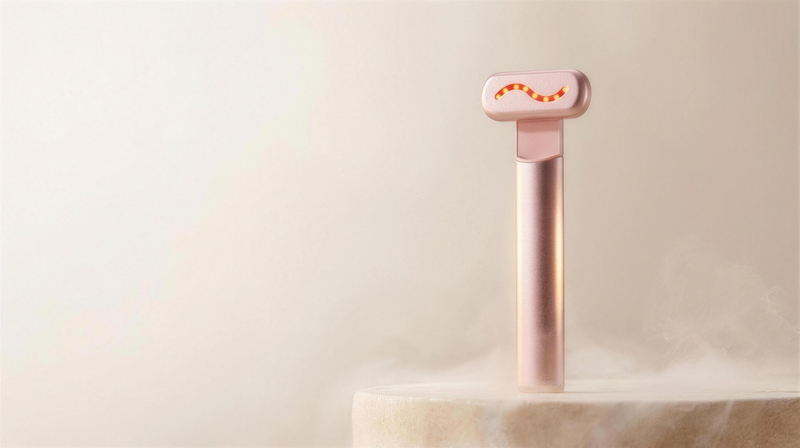 CALUNE One LED-inspired skincare ritual device standing on a porcelain stone pedestal